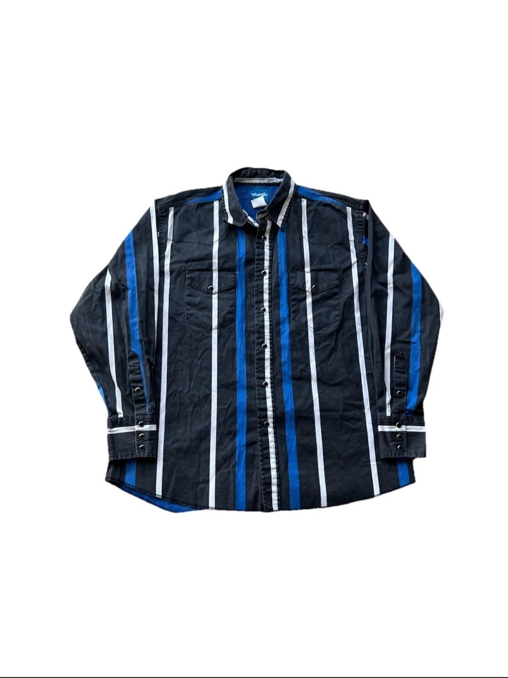 VTG Wrangler Western Shirts Brushpopper Pearl Snap Blue Black Shirt Size XL 90s